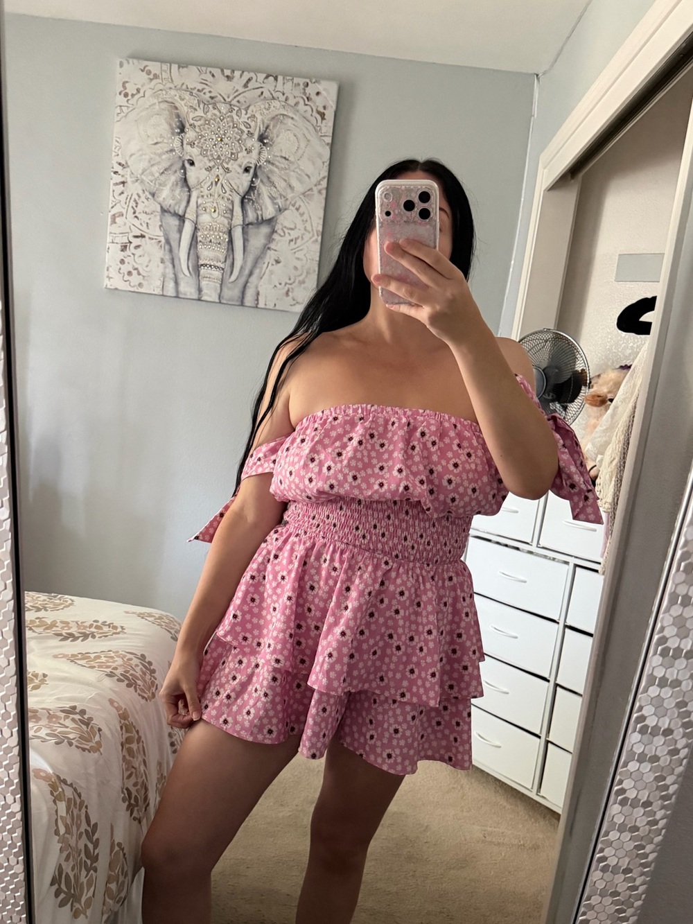 Pink White Floral Ruffle Smocked Shirred Off Shoulder Strap Bow Romper L Large